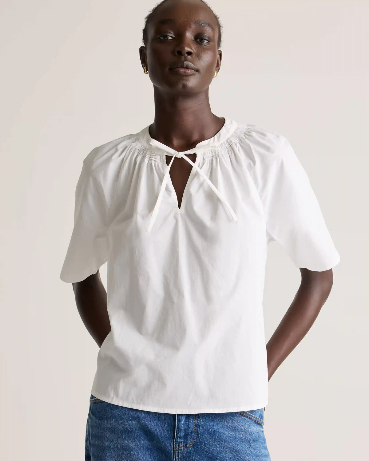 100% Organic Cotton Poplin Split Neck Top