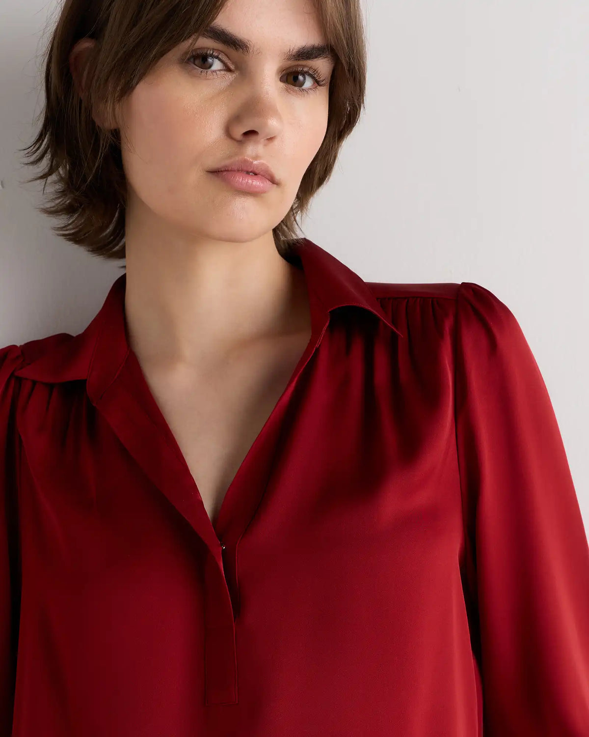 Washable Stretch Silk Split Neck Blouse