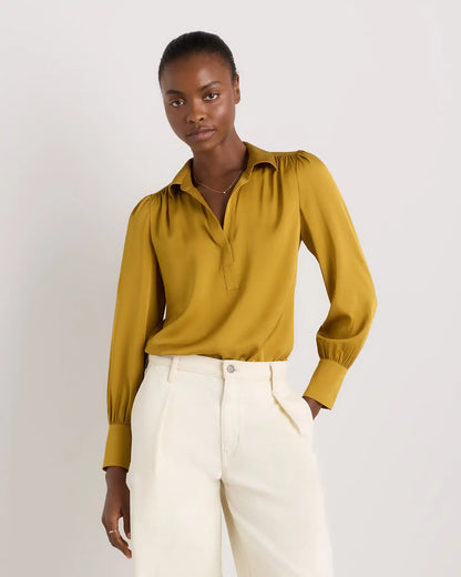Washable Stretch Silk Split Neck Blouse