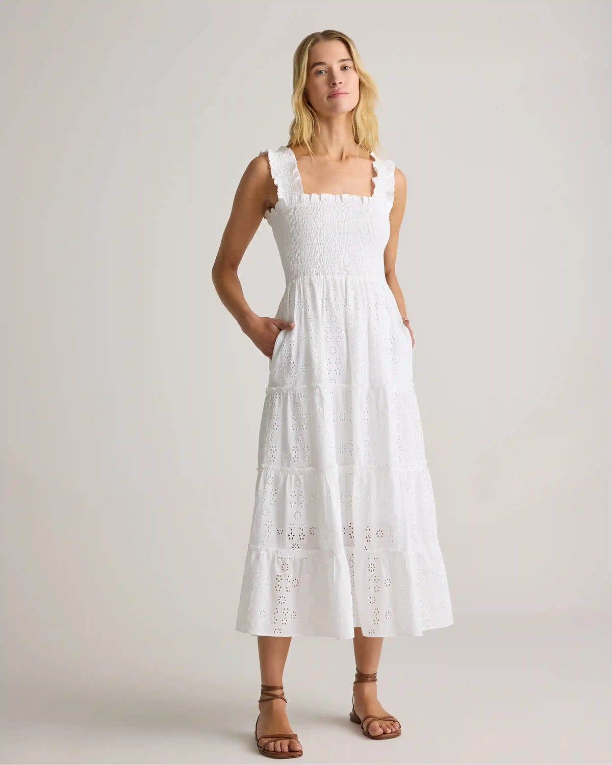 100% Organic Cotton Eyelet Smocked Midi Dress