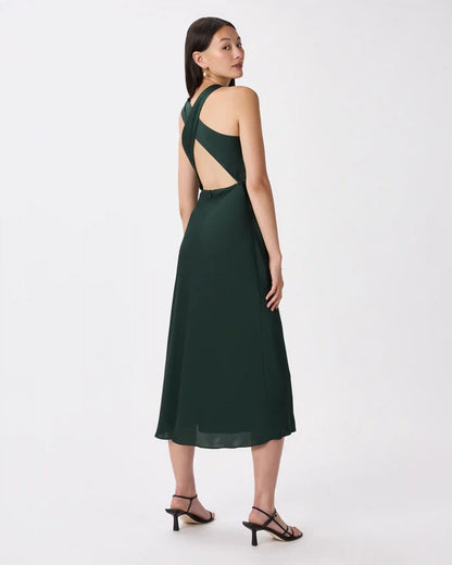 Washable Stretch Silk High Neck Midi Dress