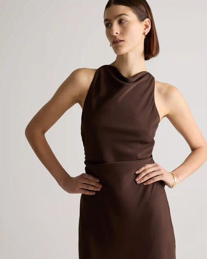 Washable Stretch Silk High Neck Midi Dress