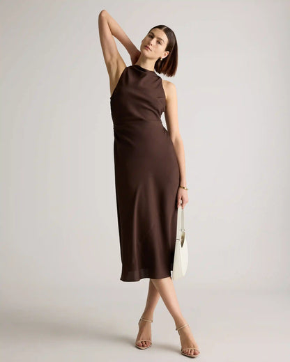 Washable Stretch Silk High Neck Midi Dress