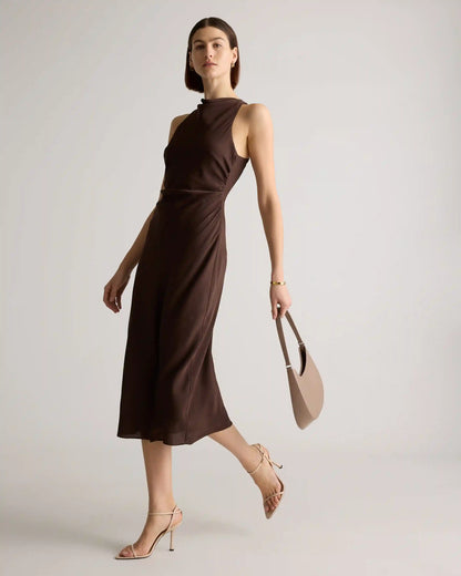 Washable Stretch Silk High Neck Midi Dress