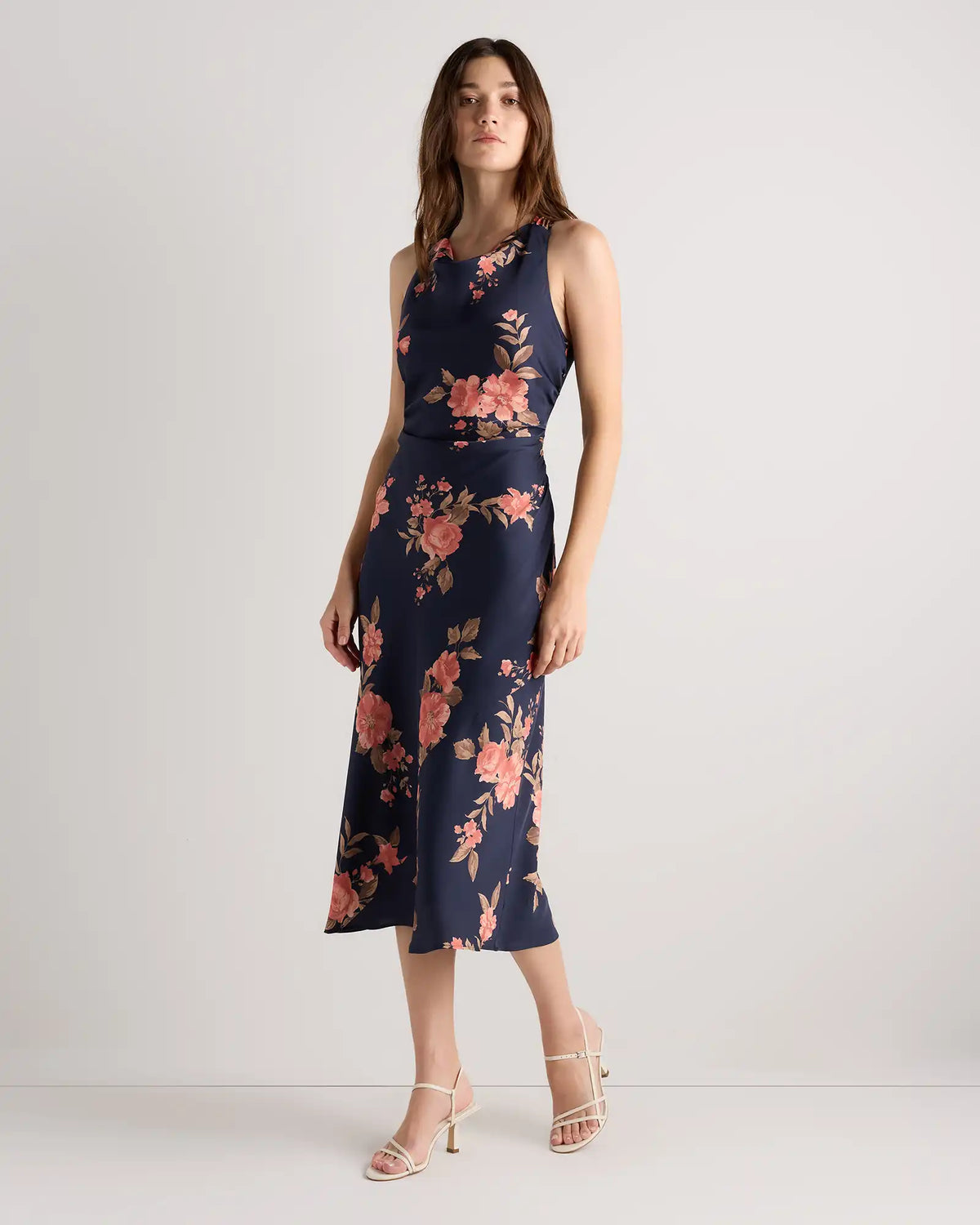 Washable Stretch Silk High Neck Midi Dress