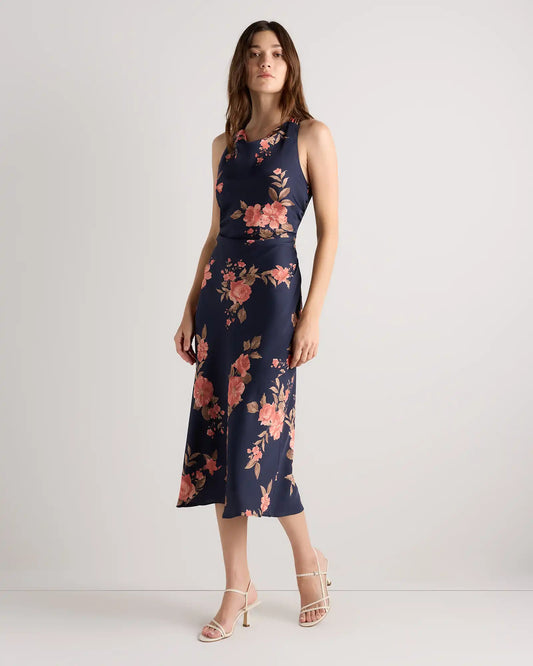 Washable Stretch Silk High Neck Midi Dress
