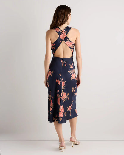 Washable Stretch Silk High Neck Midi Dress