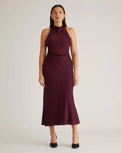 Washable Stretch Silk High Neck Midi Dress