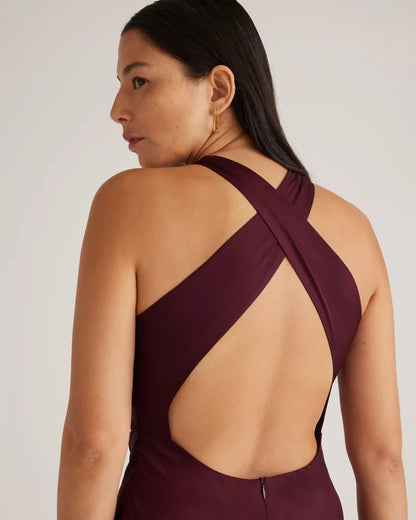 Washable Stretch Silk High Neck Midi Dress