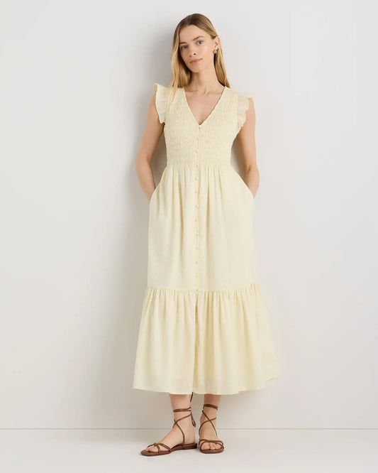 Organic Textured Cotton Smocked V-Neck Midi Dress