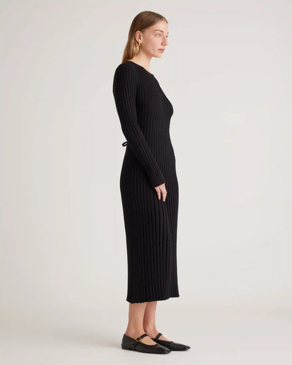Cotton Cashmere Ribbed Long Sleeve Crew Midi Dress
