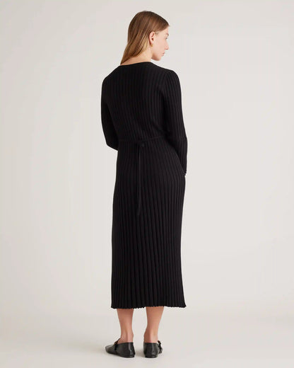 Cotton Cashmere Ribbed Long Sleeve Crew Midi Dress