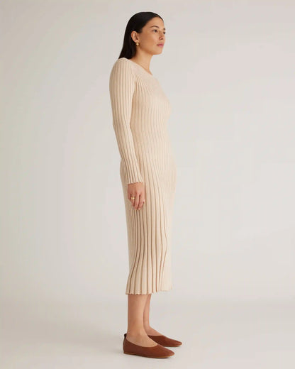 Cotton Cashmere Ribbed Long Sleeve Crew Midi Dress