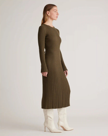 Cotton Cashmere Ribbed Long Sleeve Crew Midi Dress