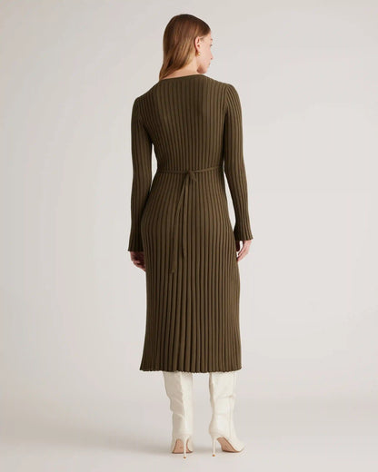 Cotton Cashmere Ribbed Long Sleeve Crew Midi Dress