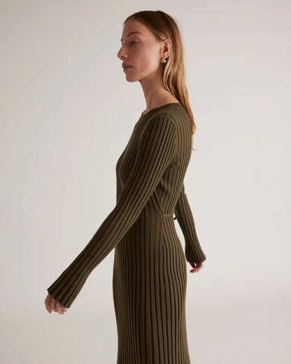 Cotton Cashmere Ribbed Long Sleeve Crew Midi Dress