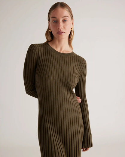 Cotton Cashmere Ribbed Long Sleeve Crew Midi Dress