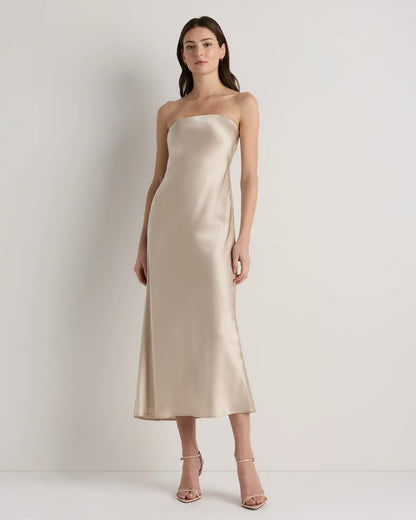 100% Washable Silk Strapless Midi Dress