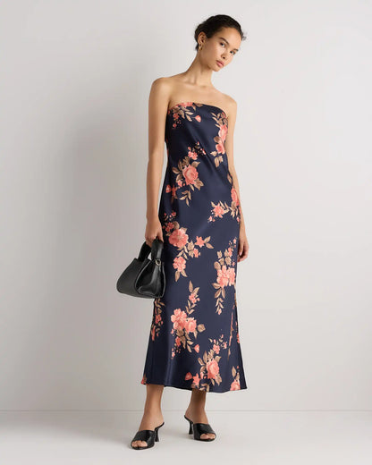 100% Washable Silk Strapless Midi Dress