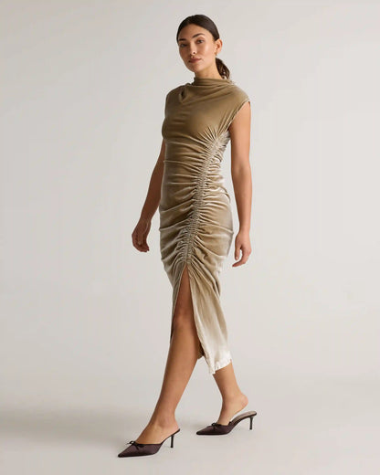 Stretch Silk Velvet Ruched Midi Dress