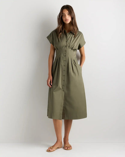 Stretch Twill Pleated Midi Shirt Dress