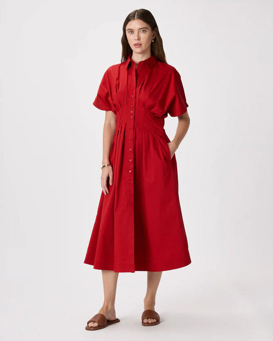 Stretch Twill Pleated Midi Shirt Dress