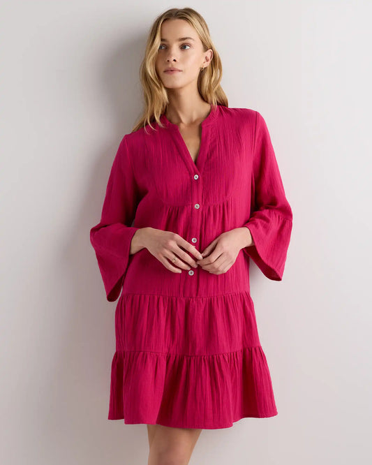 100% Organic Cotton Gauze Long Sleeve Tiered Mini Dress
