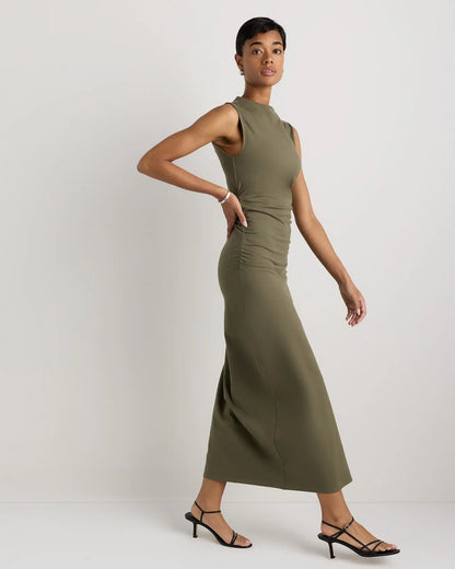 Stretch Cotton Jersey Mock Neck Midi Dress
