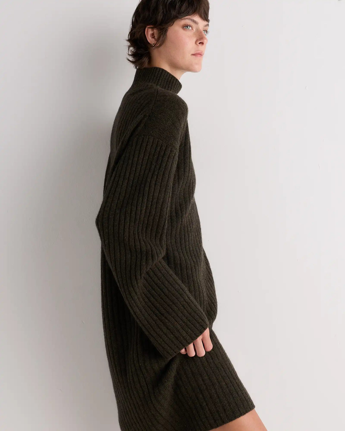 Mongolian Cashmere Ribbed Turtleneck Mini Dress