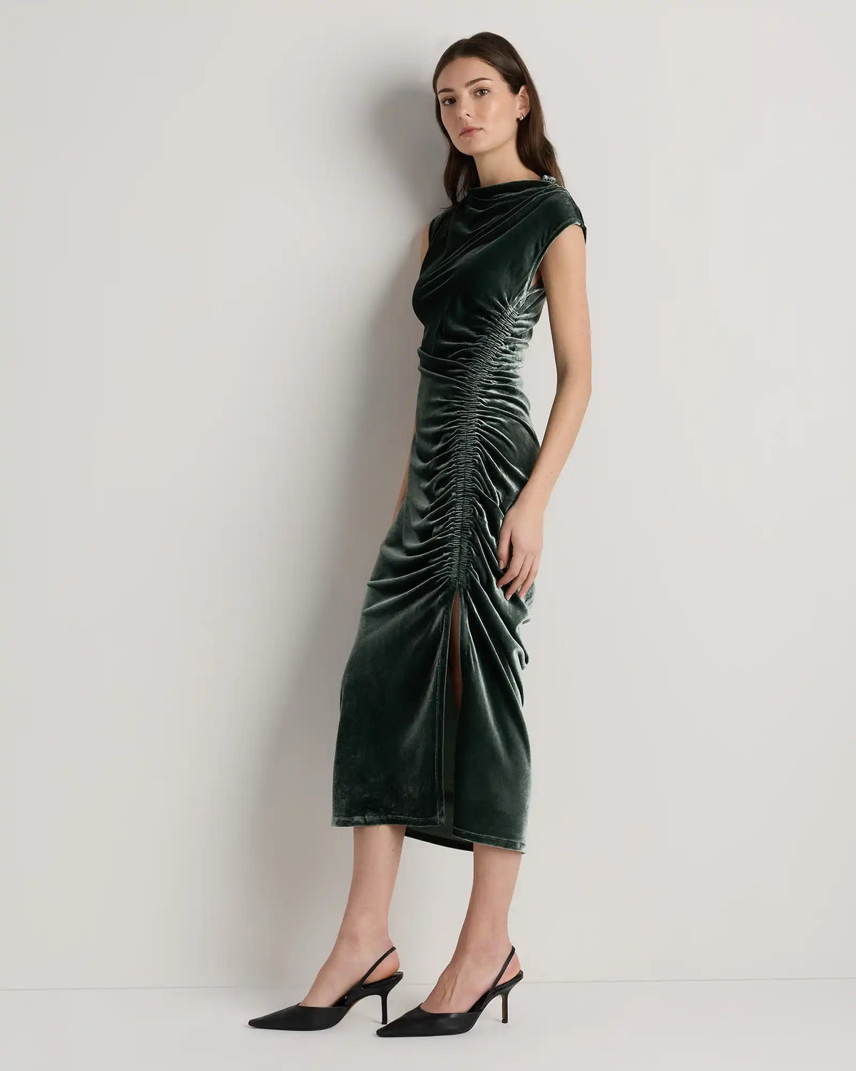 Stretch Silk Velvet Ruched Midi Dress