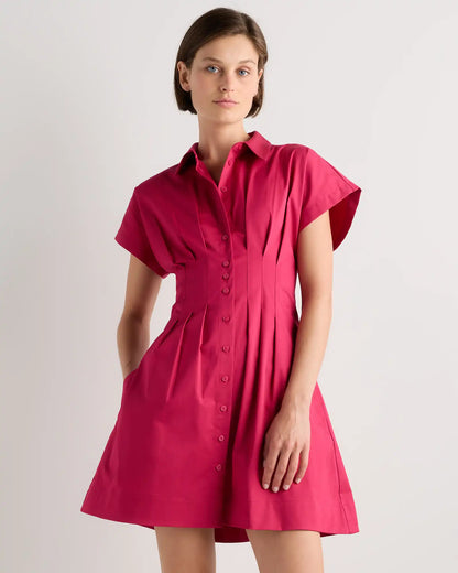 Stretch Twill Pleated Mini Shirt Dress