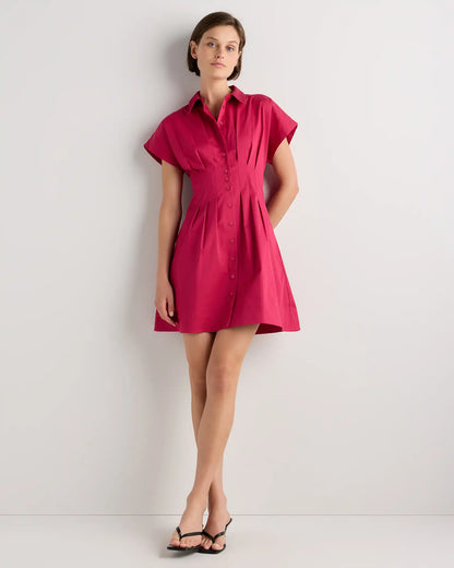 Stretch Twill Pleated Mini Shirt Dress