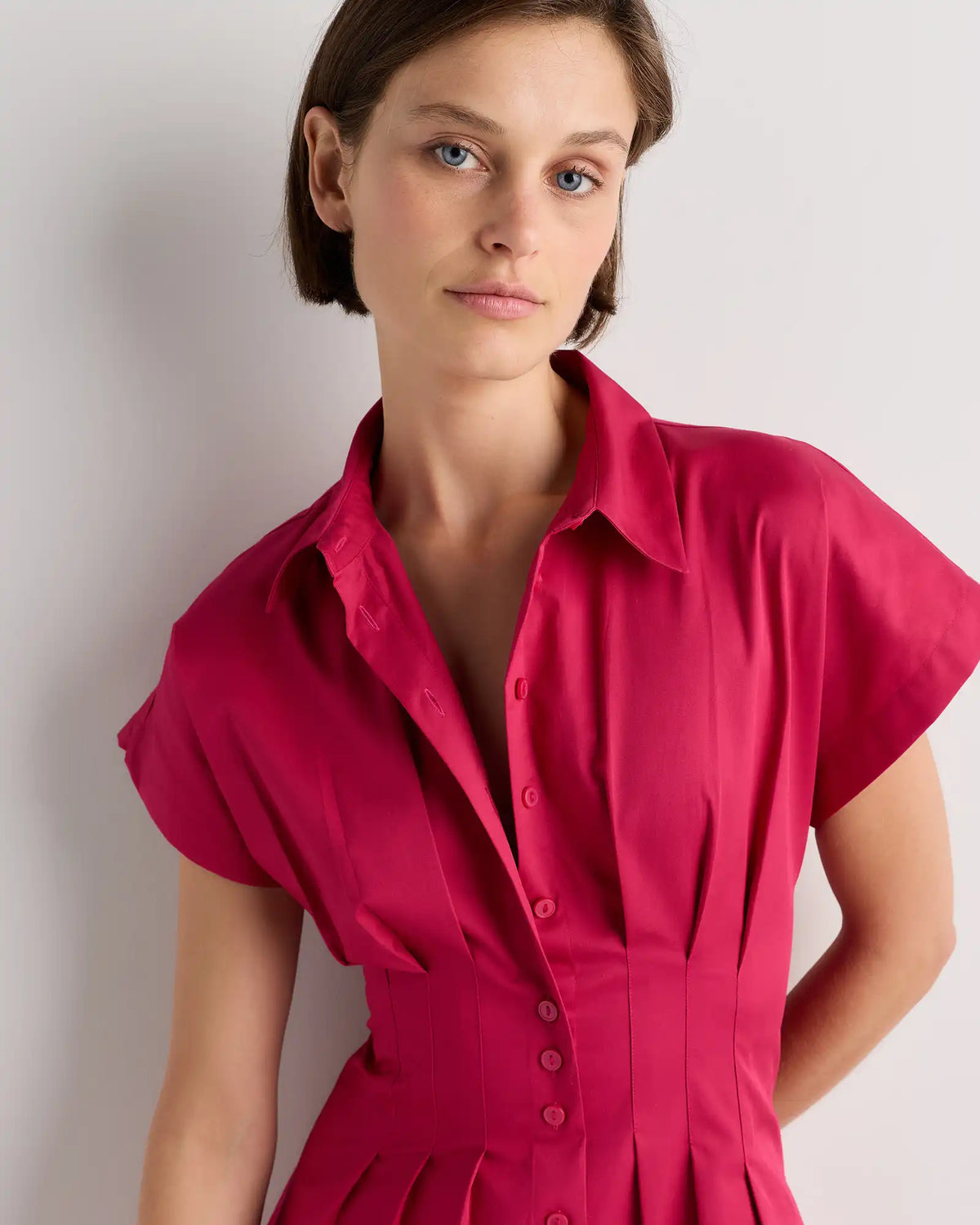 Stretch Twill Pleated Mini Shirt Dress