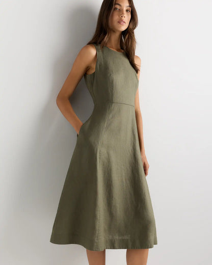 100% European Linen High Neck Midi Dress