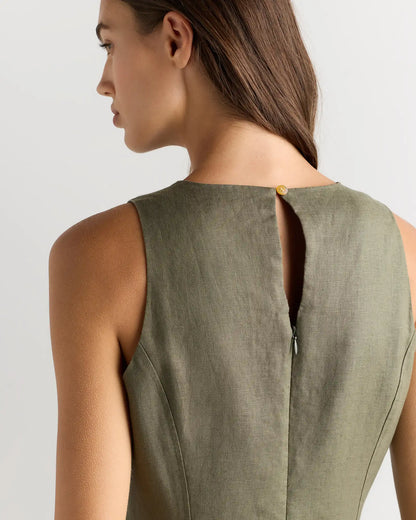 100% European Linen High Neck Midi Dress