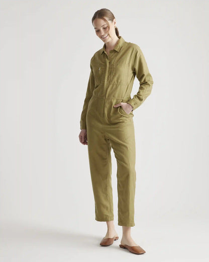 Cotton Linen Twill Long Sleeve Coverall Jumpsuit