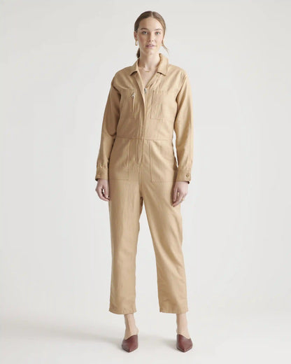 Cotton Linen Twill Long Sleeve Coverall Jumpsuit