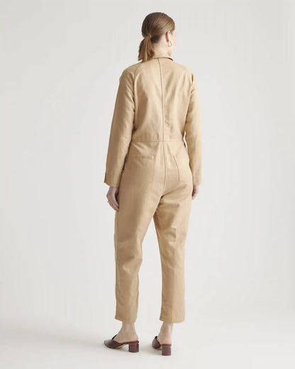 Cotton Linen Twill Long Sleeve Coverall Jumpsuit