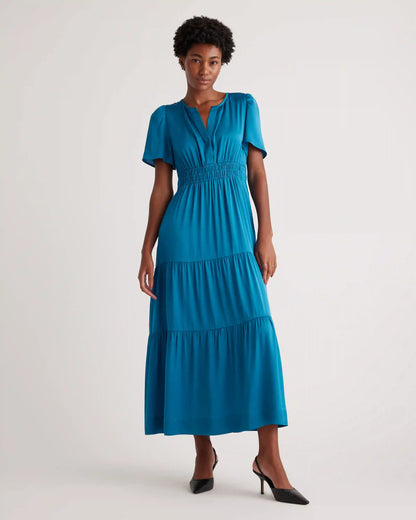 Washable Stretch Silk Tiered Maxi Dress
