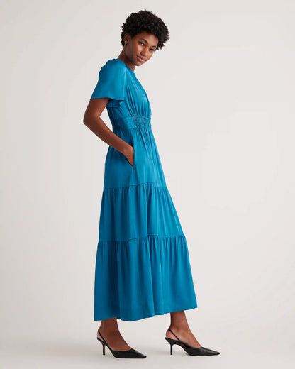 Washable Stretch Silk Tiered Maxi Dress