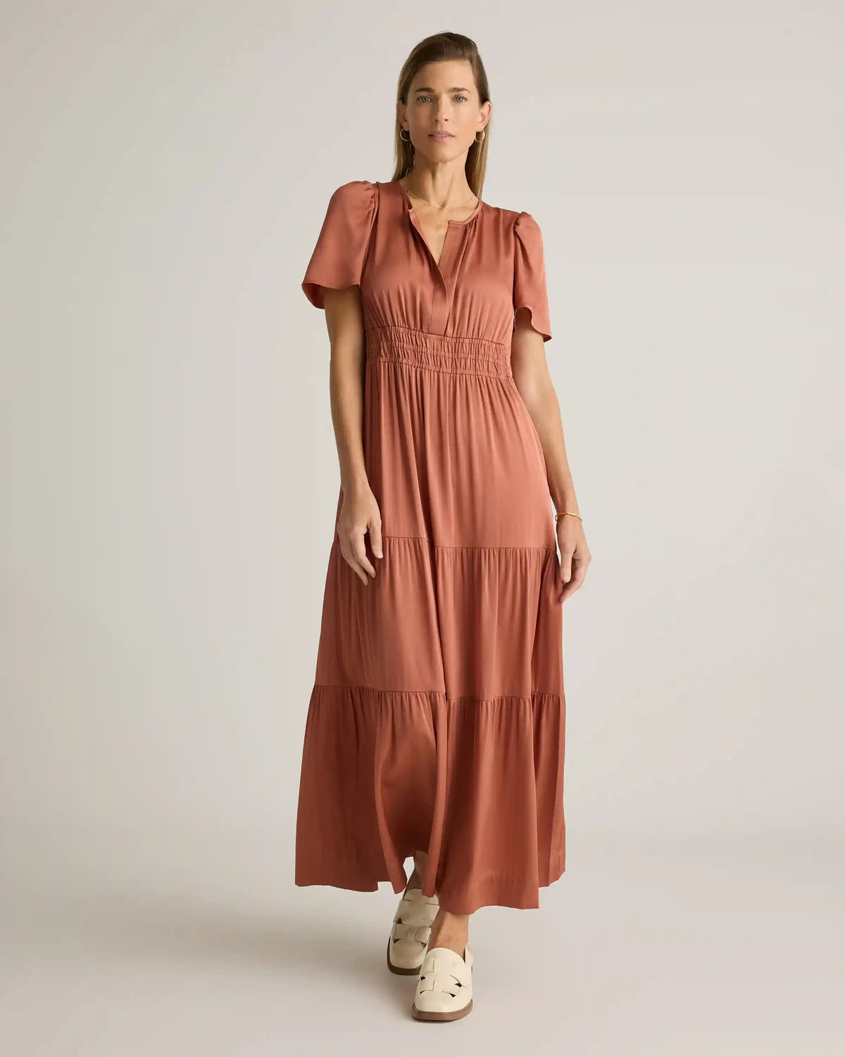 Washable Stretch Silk Tiered Maxi Dress