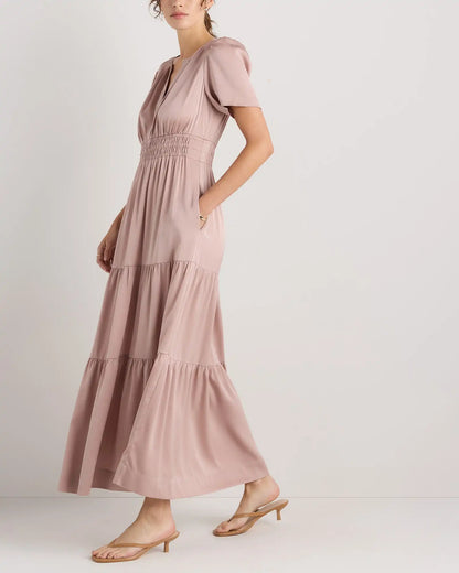 Washable Stretch Silk Tiered Maxi Dress