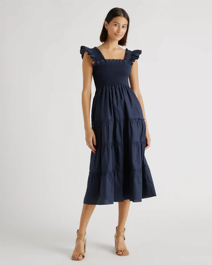 100% Organic Cotton Poplin Smocked Midi Dress