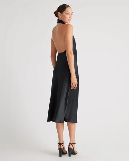 100% Washable Silk Twist Halter Midi Dress