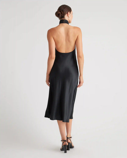 100% Washable Silk Twist Halter Midi Dress