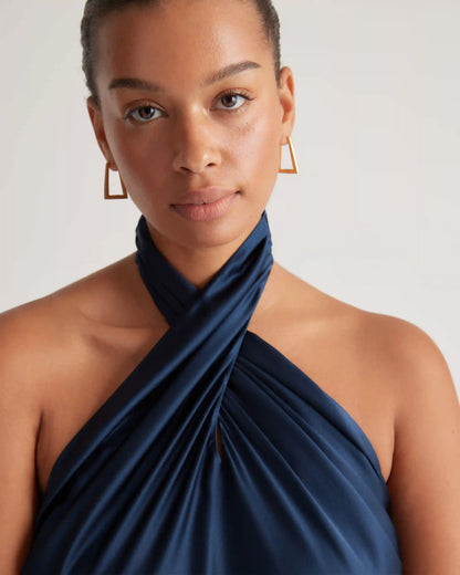 100% Washable Silk Twist Halter Midi Dress