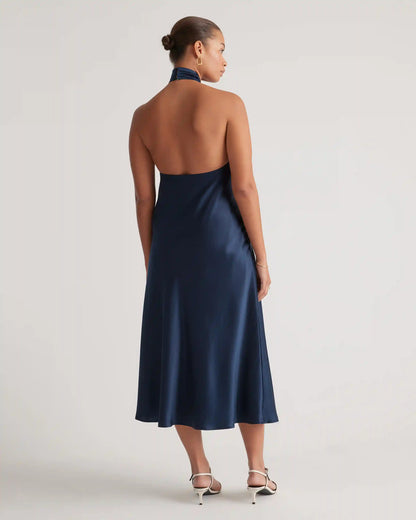 100% Washable Silk Twist Halter Midi Dress