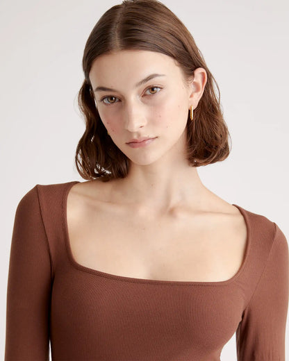 Tencel Rib Knit Long Sleeve Square Neck Dress