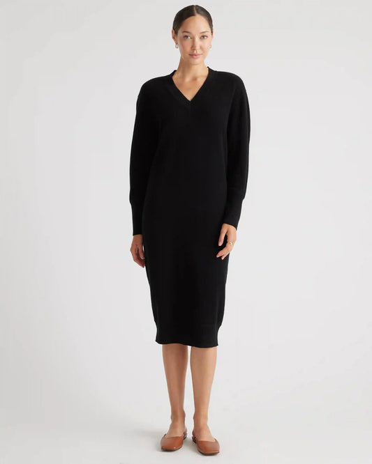 Mongolian Cashmere V-Neck Midi Sweater Dress