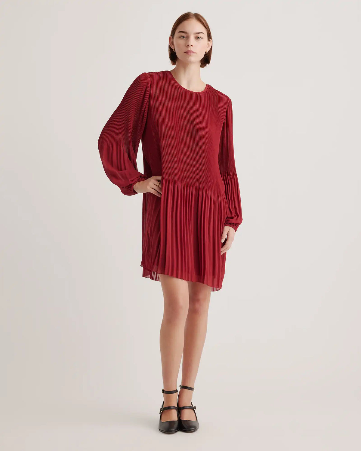 Chiffon Pleated Long Sleeve Mini Dress